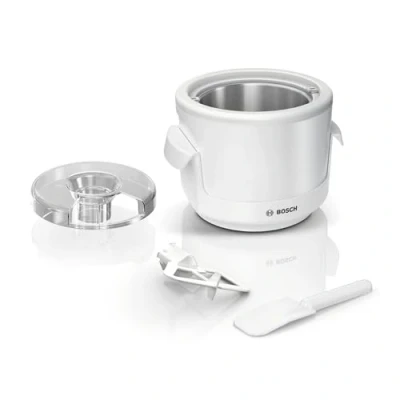 Abbildung von Bosch Eisbereiter MUZS2EB, 550ml, selbstgemachtes Eis, Sorbet und Frozen Yoghurt, weiß, Spritzschutzdeckel mit Einfüllöffnung, passend für MUM Serie 2 Küchenmaschinen