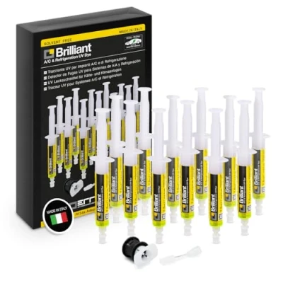 Abbildung von ERRECOM Brilliant 12 x 7,5 ml, UV Fluoreszenz Tracer zum Aufspüren von Kältemittellecks in Autoklimaanlagen, inklusive R134a Adapter