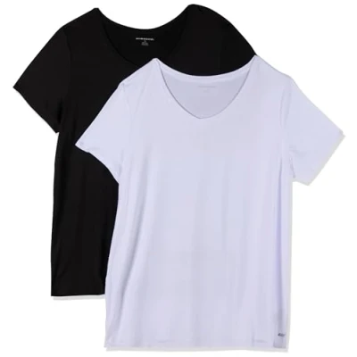 Abbildung von Amazon Essentials Damen Tech Stretch T Shirt mit kurzen Ärmeln und V Ausschnitt (erhältlich in Übergröße), 2er Pack, Schwarz/Weiß, M