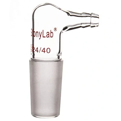 Abbildung von stonylab Glas 90 Grad Vakuum/Gasadapter, Gebogener Einlassadapter aus Borosilikatglas mit 24/40 Innengelenk und Schlauch für die Laborversorgung