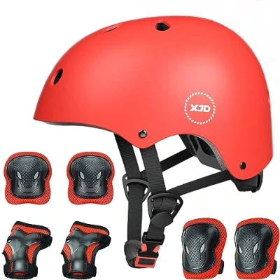 Abbildung von XJD Fahrradhelm Kinder Schoner Set(7er) Helm mit Knie &amp; Ellenbogen Handgelenkschützer Verstellbarer Schutz Jugend Skaterhelm für 3 13 Jahre Alt (Rot Set, M: 55 57 cm)