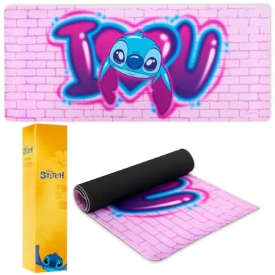 Abbildung von Disney Stitch Schreibtischunterlage XXL Baby Yoda Gaming Schreibtisch Zubehör 800x360mm Anti Rutsch, Bürobedarf PC Laptop Unterlage Matte Desk Mat Büro Deko (Rosa Stitch)