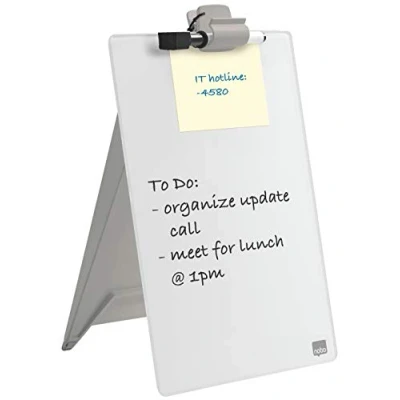 Abbildung von Nobo Glas Whiteboard Desktop Notizboard, Trocken Abwischbare Oberfläche, Tragbar, Rahmenlos, 216 x 297 mm, A4, Inkl. Markerstift und Abnehmbarem Clip, Brilliant Weiß, 1905173