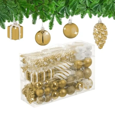 Abbildung von Relaxdays Weihnachtskugeln 72er Set, glitzernde, matte &amp; glänzende Baumkugeln, Stiefel, Herz Zapfen, Kunststoff, gold