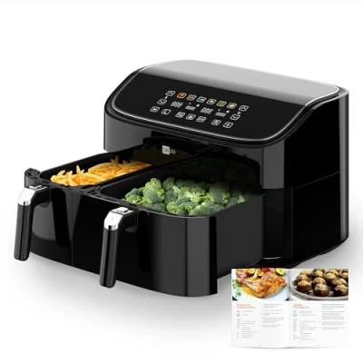 Abbildung von aeco DUO Doppelkammer AirFryer 9 Liter (3l &amp; 6l, Sync Funktion, Heißluftfritteuse mit digitalem Touch Display Dehydrierungsfunktion, 2850 Watt, 80 200 einstellbar, 6 Programme, inkl. Rezeptheft)