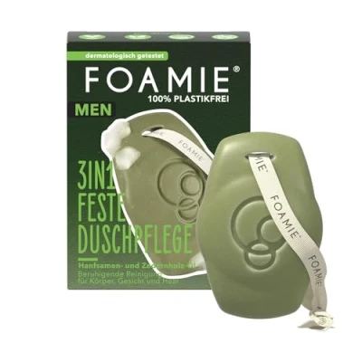 Abbildung von Foamie 3in1 Feste Dusche Männer, Hanfsamen &amp; Zedernholz Öl, Körper, Gesicht, Festes Shampoo Herren, Beruhigende Reinigung, 90g Extra Pflegepackung