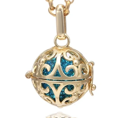 Abbildung von Morella Damen Halskette Edelstahl Gold 70 cm mit Ornament Anhänger und Klangkugel Zirkonia Petrol Ø 16 mm in Schmuckbeutel