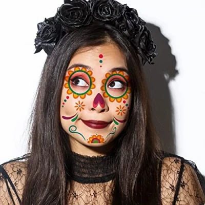 Abbildung von Papierdrachen 6 Full Face Tattoos zum Aufkleben aus Deutschland Gesichts für Día de Muertos Motiv Geschenkidee Tag der Toten Deko Gesichter vegan Set 20