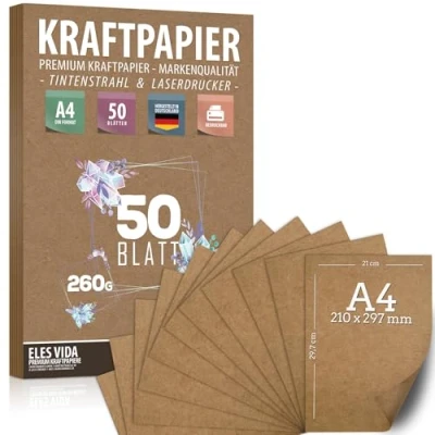 Abbildung von 50 Blatt Kraftpapier A4 Set 260 g 21 x 29,7 cm DIN Format Bastelpapier &amp; Naturkarton Pappe Blätter aus Kraftkarton zum Drucken, Kartonpapier Basteln für Vintage Hochzeit Geschenke Etiketten