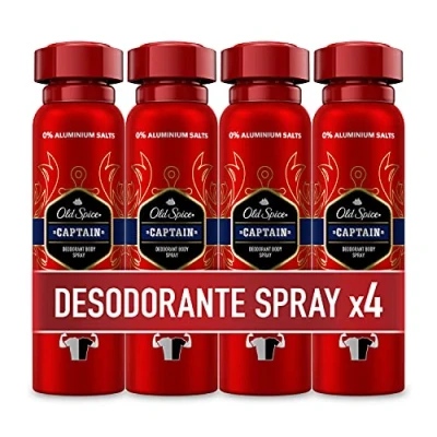 Abbildung von Old Spice Captain Deospray für Herren, 48 Stunden frisch, 0% Aluminiumsalze, gegen weiße und gelbe Flecken, 4 x 150 ml (Verpackung kann variieren)