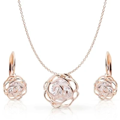 Abbildung von Crystalline Azuria Rose Blumen Kristalle Schmuck Set Halskette Anhänger 45 cm Leverback Ohrringe 18 kt Rosé Vergoldet für Damen