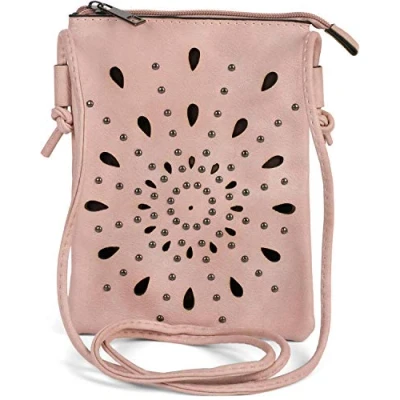 Abbildung von styleBREAKER Damen Mini Bag Umhängetasche mit Cutouts in Ethno Blumen Form und Nieten, Schultertasche, Handtasche, Tasche 02012304, Farbe:Rose