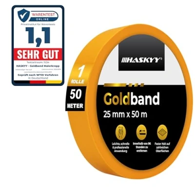 Abbildung von HASKYY Goldband 25mm x 50m Malerkrepp Kreppband 1x Malerband Große Auswahl Profi Abdeckband Malertape Klebeband Washi Tape Gold Papiertape Selbstklebend