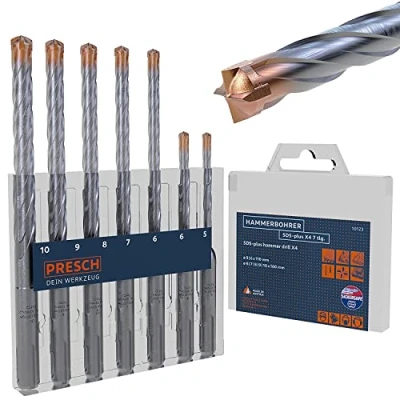 Abbildung von Presch SDS Plus Bohrer Set X4 7 tlg Stahlbeton mit 4 Schneiden und Dübellängenindikator Hammerbohrer für Beton, Stein, Granit, Ziegel, Mauerwerk Betonbohrer Ø 5 10mm