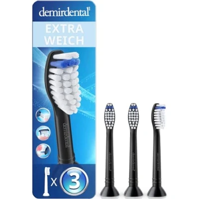 Abbildung von 3er demirdental Aufsätze extra Soft passend für Philips Sonicare Ersatzbürsten, Weiche Borsten sehr empfindliche Zähne, Schwarz, entspricht HX6053eb HX6054eb