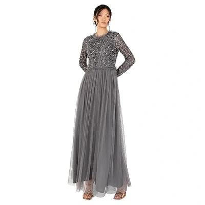 Abbildung von Maya Deluxe Women&#039;s Maxi Ladies Crew Neck Long Sleeve Sequin Embellished Tulle Ruffle for Wedding Guest Bridesmaid Ball Gown Dress, Charcoal, 52