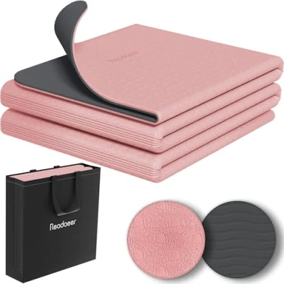 Abbildung von Faltbare Yogamatte für unterwegs, zweifarbige Yogamatte, 6 mm dick, mit Tragetasche, rutschfeste TPE Übungs Pilatesmatte 183CM L x 61CM B