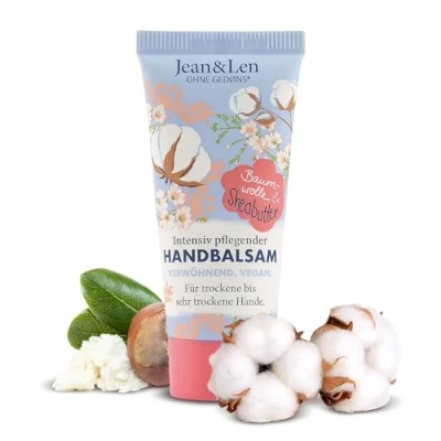 Abbildung von Jean &amp; Len Handbalsam Baumwolle Sheabutter, Handpflege für trockene bis sehr Hände, pflegt intensiv und ist dabei besonders mild, ohne Parabene Silikone, vegan, Mini Handcreme, 20 ml