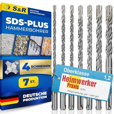 Abbildung von S&amp;R Hammerbohrer Set 7 tlg: Betonbohrer, Steinbohrer, Granitbohrer, 4 Kant Spitze, für Bohrmaschine und Schlagbohrer, Größe 5 12mm, Legierter Stahl mit Antivibrationskontrolle, SDS Plus