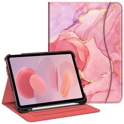 Abbildung von Fintie Hülle für iPad 10. Generation 2022 (10.9 Zoll) Multi Winkel Folio Schutzhülle mit Pencil Halter, Dokumentenfach und Auto Schlaf/Wach Funktion, Marmor Pink