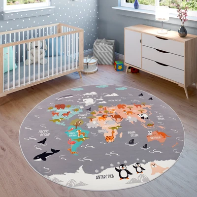 Abbildung von Paco Home Kinderteppich "Bino 581" rund 4 mm Höhe Spielteppich, Motiv Weltkarte &amp; Tiere, Kinderzimmer
