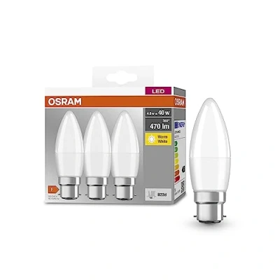 Abbildung von OSRAM BASE CLASSIC B 40 FR LED Lampe mit Sockel B22d, Minikerzenform, 3er Pack, 4,9W, 470lm, 2700K, warmweißes Licht, geringere Wärmeentwicklung, sehr geringer Energieverbrauch, lange Lebensdauer