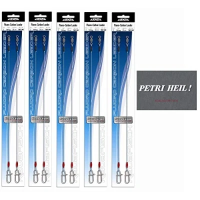 Abbildung von Set: 5 Packungen (10 Stück) Jenzi Fluoro Carbon Vorfächer, Länge 30 cm (Tragkraft 6,5 20kg) von + gratis Petri Heil Aufkleber (10kg)