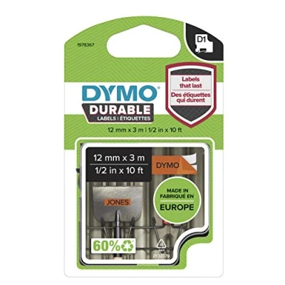Abbildung von DYMO Original D1 Hochleistungs Etikettenband, schwarz auf orange, 12 mm x 3 m, permanent haftendes Vinyl Schriftband, für LabelManager Beschriftungsgerät