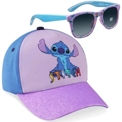 Abbildung von Disney Stitch Sonnenhut Kinder Mädchen Sommer Basecap Jungen und Sonnenbrille Set 100% UV Schutz Baseball Mütze ab 3 Jahren, Verstellbare Grosse (Lila Stitch)