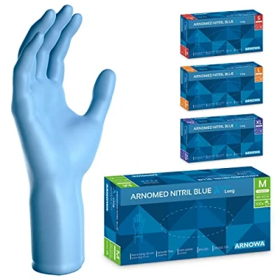 Abbildung von ARNOMED Einweghandschuhe Blau Extra Lang, 30cm Lange Einmalhandschuhe in M, Nitrilhandschuhe Einweg Dick, 100 Stk/Box, Gummihandschuhe Lang Einweg, Langer Schaft S, L &amp; XL