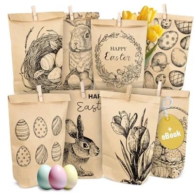 Abbildung von AMARI ® Ostertüten Set (12 Stück inklusive Klammern) Geschenktüten für Ostern aus Papier Papiertüten zum Befüllen