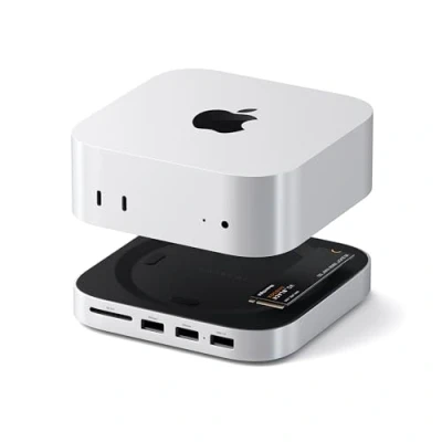 Abbildung von SATECHI Mac Mini M4 Hub &amp; Stand mit NVMe SSD Gehäuse, Dock 2 USB A 10 Gbps, Datenport, SD Kartenleser Silber
