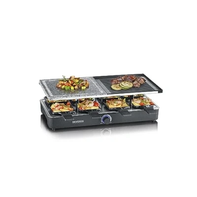Abbildung von SEVERIN Raclette Grill mit Naturgrillstein und Grillplatte, antihaftbeschichteter Grillplatte 8 Pfännchen, Tischgrill für Personen, max. 1300 W, schwarz, RG 2371