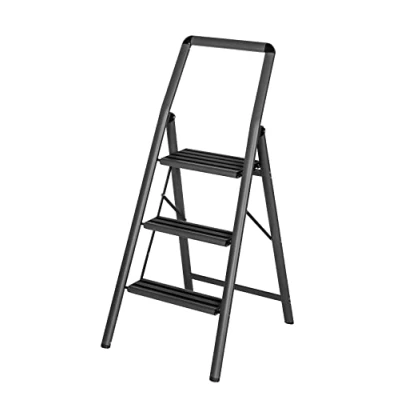 Abbildung von WENKO Leichte Aluminium Leiter Compact, 66 cm höher, Klapp Trittleiter, 3 rutschsichere Stufen, Sicherheitsbügel &amp; Haltegriff, 48 x 114,5 6 cm, Dunkelgrau