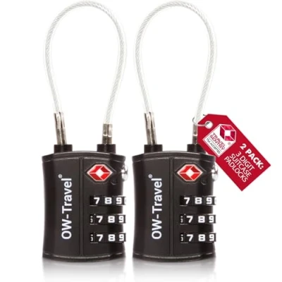 Abbildung von OW Travel Kabelschloss 3 Stellig Zahlenschloss Kofferschloss Vorhängeschloss Gepäckschloss Sicherheitsschloss TSA Lock Cable USA Schloss Zahlencode für Reisekoffer Spind Rucksack Luggage:2 Schwarz