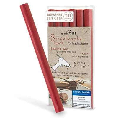 Abbildung von gravurART Siegelwachs flexibel für Wachspistole Stilvoll Briefe versiegeln mit dem 6er Pack Wachs Siegelstempel in Kirschrot 7 mm