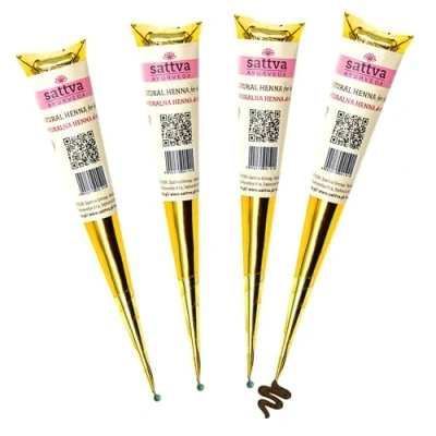 Abbildung von Sattva Ayurveda Natürliche Braune Henna Farbe Kupferbraun Perfekt für Designs &amp; Sommersprossen Effekt ohne Ammoniak, PPD 4 x 30 g Kegel