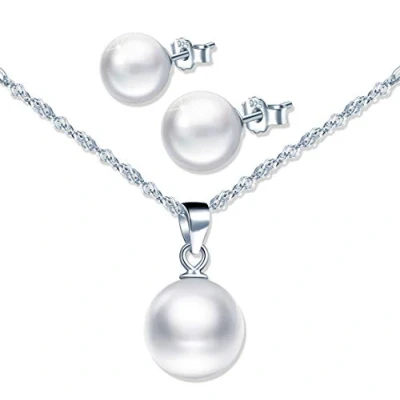 Abbildung von Yumilok Kette Damen Halskette Ohrstecker Ohrringe Perlohrstecker Schmuck Sets mit Weiß Perle aus 925 Sterling Silber für Frauen