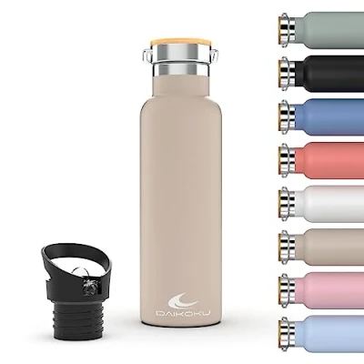 Abbildung von DAIKOKU Bottle, Doppelwandige Thermosflasche aus Edelstahl, Thermosflasche, die das Getränk stundenlang heiß oder kalt hält, zwei Verschlüsse, pastellbeige, 750 ML