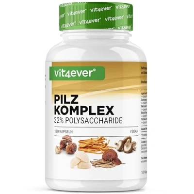 Abbildung von Pilz Komplex 180 Kapseln Hochdosiert mit 1500 mg Extrakt pro Tagesdosis 32% Polysaccharide Löwenmähne (Hericium), Reishi, Cordyceps, Shitake &amp; Agaricus Blazei Vegan