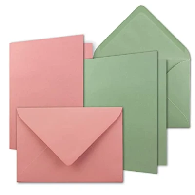 Abbildung von 20x Karten Set DIN B6 Altrosa Eukalyptus Grün 12 x 17 cm Faltkarten mit Umschläge 2 Farben Nassklebung