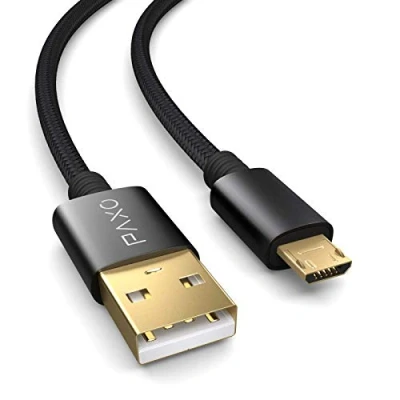 Abbildung von PAXO 0,5m Nylon Micro USB Kabel schwarz, auf Mikro Ladekabel, Goldanschlüsse, elegante Alluminiumstecker, Stoffmantel