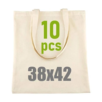 Abbildung von IDEA HOME 10 Stück Baumwolltasche 38x42cm Jutebeutel Groß Stoffbeutel Unbedruckt, Personalisierung Möglich Bestickung oder Bemalung Stofftasche mit zwei langen Henkeln Ökotex 100 Zertifiziert