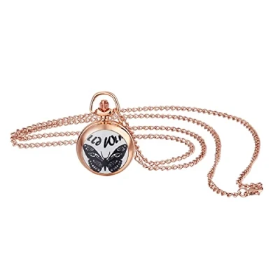 Abbildung von JewelryWe Taschenuhr Damen Elegant Schmetterling Analog Quarz Uhr mit Halskette Kette Pocket Watch Geschenk Rosegold