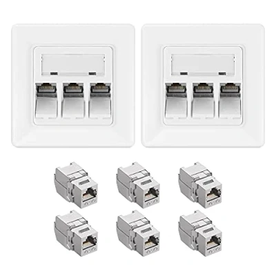 Abbildung von kwmobile Keystone Dose Modul Set 6X 2X Netzwerkdose 3 Port CAT 6A Kabel 10Gibt/s geschirmt Metall Gehäuse RJ45 Schnappverschluss