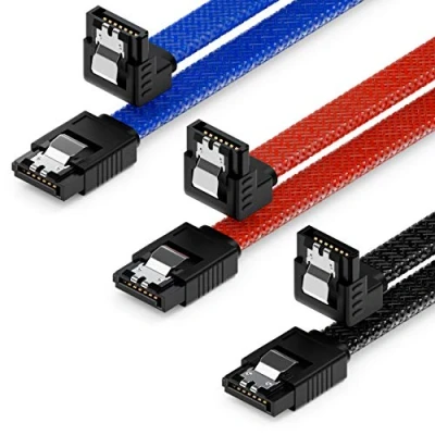 Abbildung von deleyCON 3x 50cm SATA 3 Nylon Kabel Set Datenkabel 6 Gbit/s Anschlusskabel Verbindungskabel Mainboard HDD SSD Festplatte 1 S ATA Stecker 90 Gewinkelt Schwarz Blau Rot