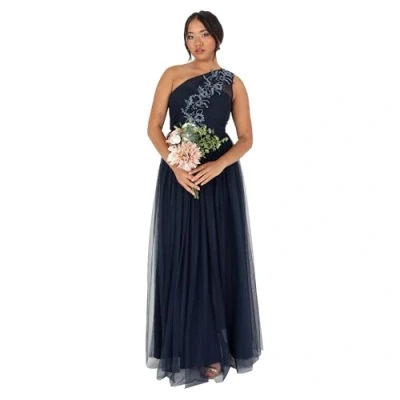 Abbildung von Maya Deluxe Damen Women&#039;s Ladies Maxi Dress Sleeveless One Shoulder Sequin Embellished Tulle Split Slit A line for Evening Prom Ball Gown Kleid, Navy Blue, 38