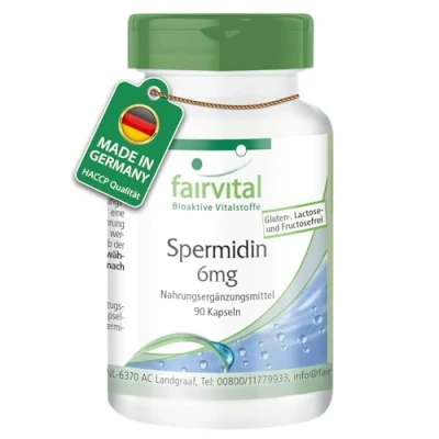 Abbildung von Fairvital Spermidin 6mg 90 Kapseln aus Weizenkeimextrakt qualitätsgeprüft und hochdosiert 100% vegan Made in Germany
