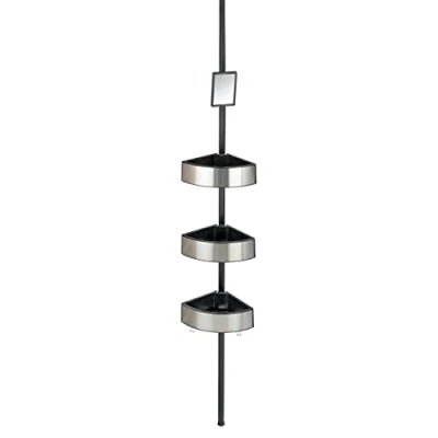 Abbildung von WENKO Teleskop Duschecke Premium Big Black, ausziehbares Badregal mit 3 Ablagen, 2 Haken &amp; Spiegel, rostfreies Duschregal aus massivem Aluminium und Kunststoff, 27,5 x 70 260 20 cm, Silber/Schwarz