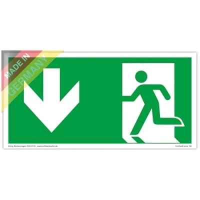 Abbildung von Schild Notausgang extra langnachleuchtend PVC selbstklebend 297x148mm gemäß ASR A1.3 DIN 7010 67510 Notausgangsschild Pfeil Links abwärts Fluchtweg Rettungsweg Dreifke® 160